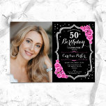 Black Silver Pink Photo 50th Birthday Invitation<br><div class="desc">Elegant floral 50th birthday invitation with your photo. Glam black pink design with faux glitter silver. Features pink roses, script font and confetti. Perfect for a stylish adult bday celebration party. Personalise with your own details. Can be customised for any age! Printed Zazzle invitations or instant download digital printable template....</div>