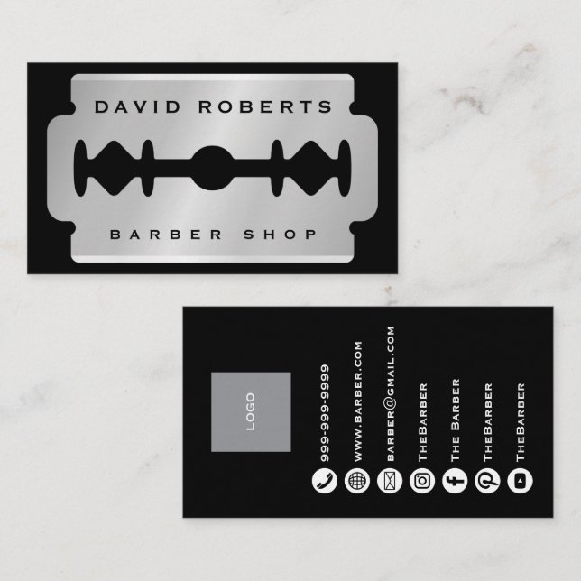 Black Silver Razor Blade Barber Business Card (Front/Back)