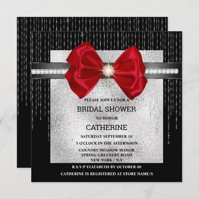 Black silver red bow diamond shimmer chic glam invitation (Front/Back)