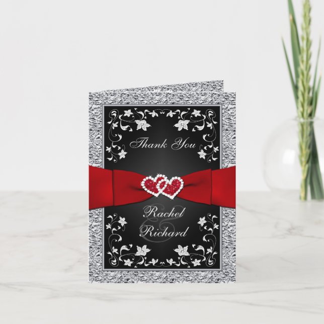 Black Silver Red Floral Hearts FAUX Foil Thank You (Front)
