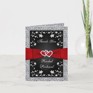 Black Silver Red Floral Hearts FAUX Foil Thank You Card