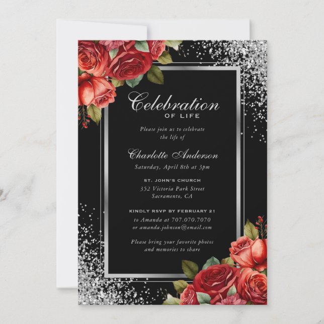 Black Silver Red Floral Photo Celebration of Life Invitation (Front)