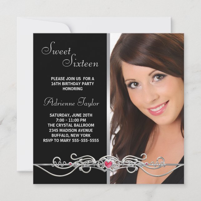 Black Silver Red Heart Photo Sweet Sixteen Birthda Invitation (Front)