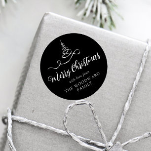Black Silver Ribbon Tree Merry Christmas Script Classic Round Sticker