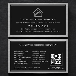Black Silver Roofing Construction Services QR Code Business Card