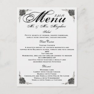 Black Silver Rose Wedding Dinner Menu Thank you Postcard