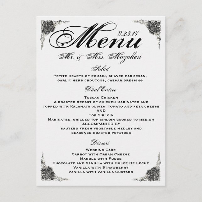 Black Silver Rose Wedding Dinner Menu Thank you Postcard (Front)