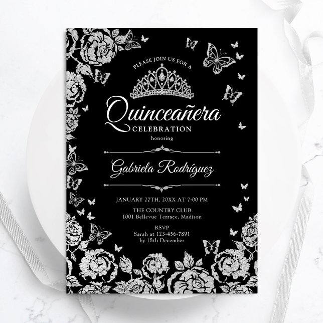 Black Silver Roses Butterflies Quinceanera Invitation (Creator Uploaded)