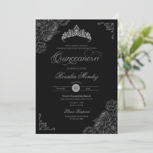 Black & Silver Roses Elegant Quinceañera  Invitation