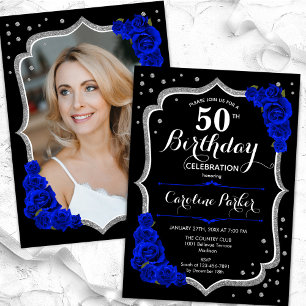 Black Silver Royal Blue Photo 50th Birthday Invitation