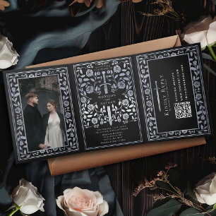 Black Silver Royal Mediaeval Sword Wedding QR Code Tri-Fold Invitation