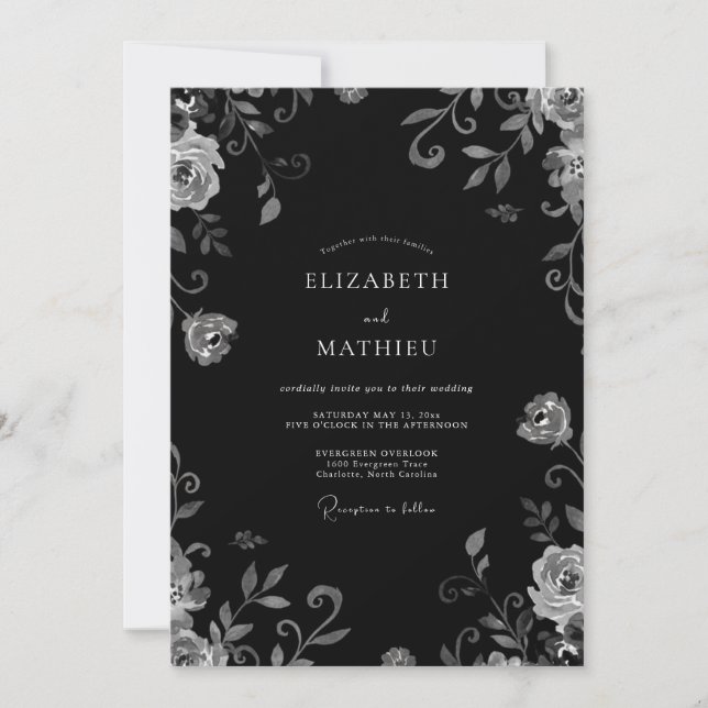 Black Silver Scroll Eucalyptus Wedding Invitation (Front)