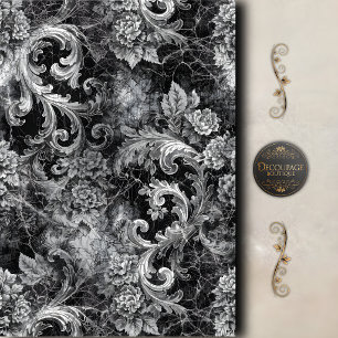 Black Silver Scroll Floral Decoupage Tissue Paper