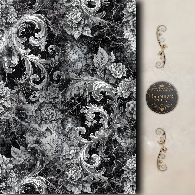 Black Silver Scroll Floral Decoupage Tissue Paper (Black Silver Scroll Floral Decoupage Tissue Paper)