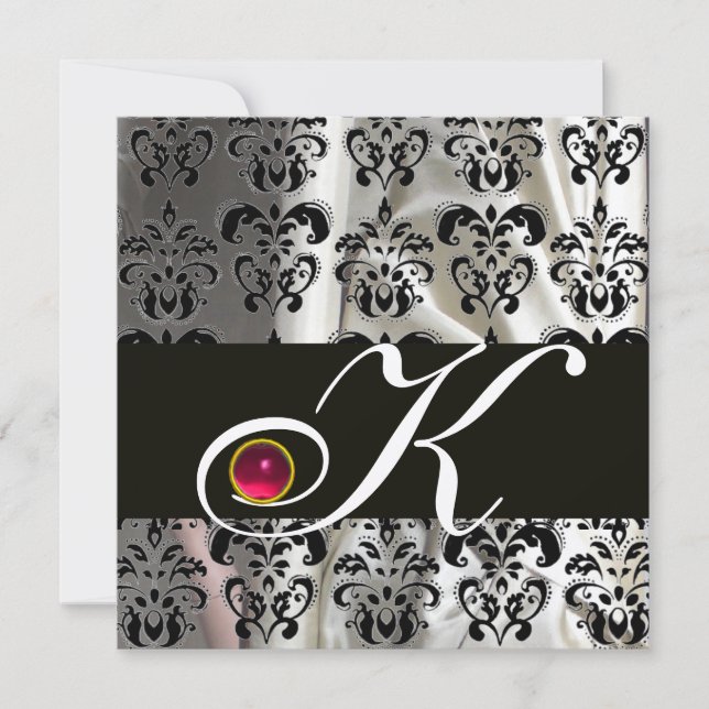 BLACK SILVER SILK DAMASK CLOTH MONOGRAM PINK RUBY INVITATION (Front)