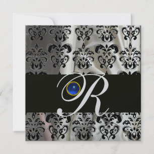 BLACK SILVER SILK DAMASK MONOGRAM BLUE SAPPHIRE INVITATION