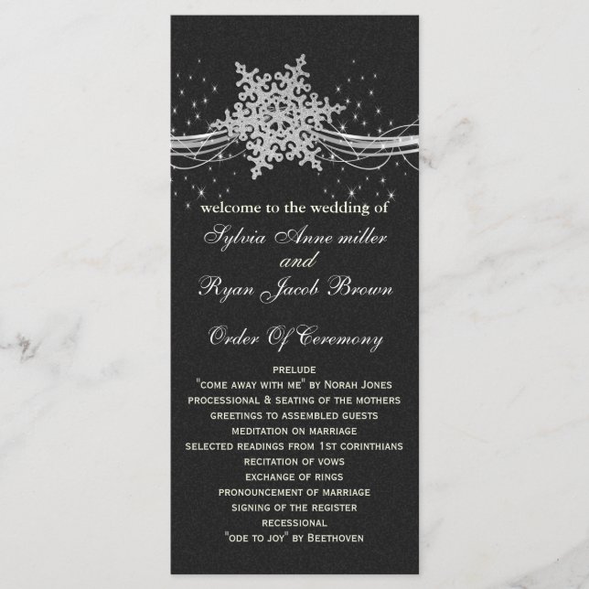 black Silver Snowflakes wedding programs length Programme (Front)