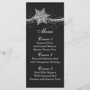 black Silver Snowflakes Winter wedding menu cards
