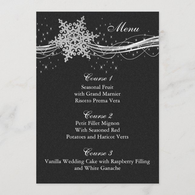 black Silver Snowflakes Winter wedding menu cards (Front)