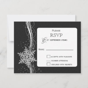 black Silver Snowflakes Winter wedding RSVP Card