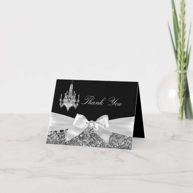 Black & Silver Sparkle Bow Thank You Card (Front)