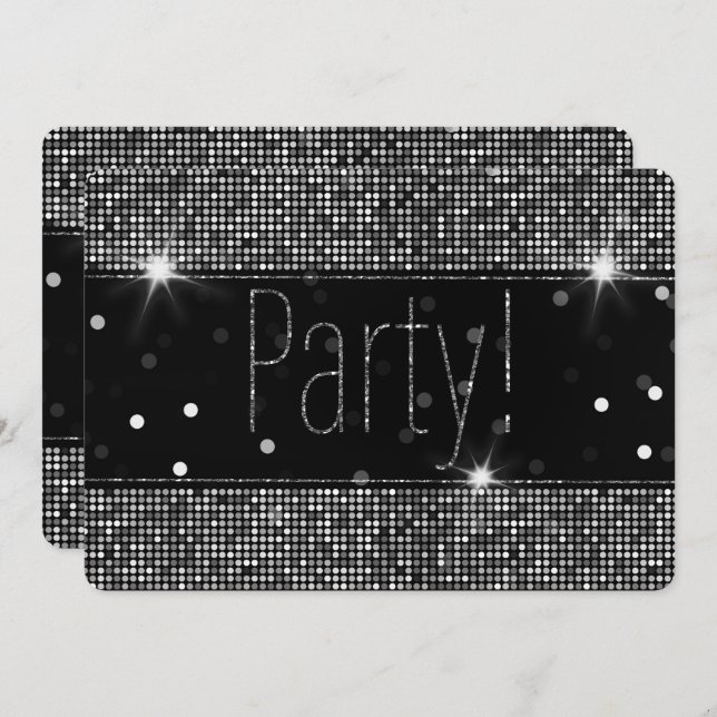 Black & Silver Sparkle Party Lights Birthday Invitation (Front/Back)