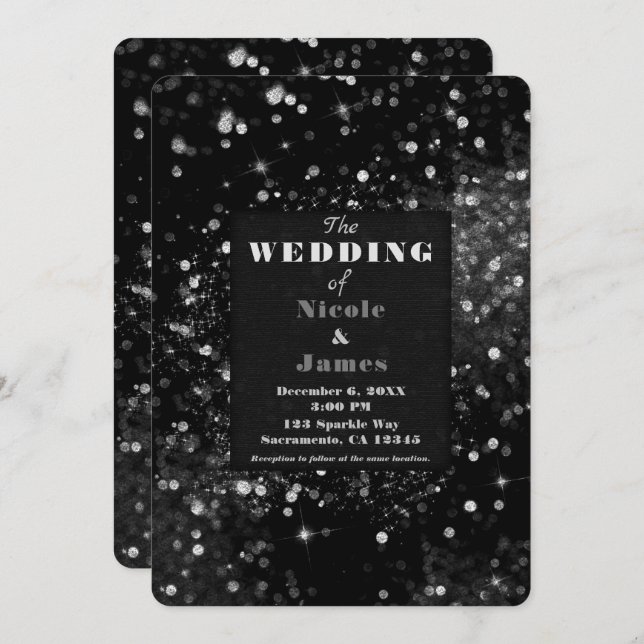 Black & Silver Sparkling Lights Glam Wedding Invitation (Front/Back)