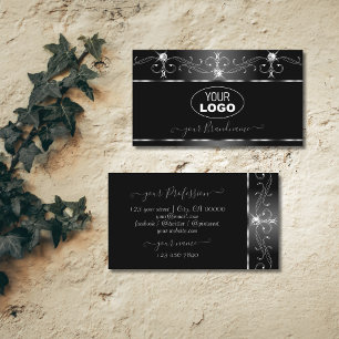 Black Silver Squiggles Sparkling Diamonds Add Logo Business Card