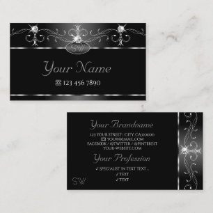 Black Silver Squiggles Sparkling Diamonds Monogram Business Card