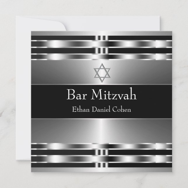 Black Silver Star of David Bar Mitzvah Invitation (Front)