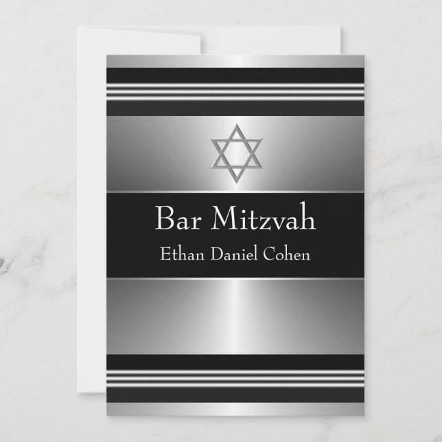 Black Silver Star of David Bar Mitzvah Invitation (Front)