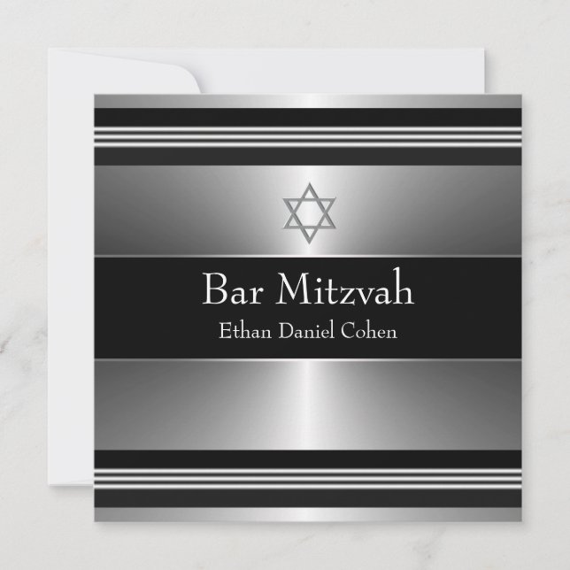 Black Silver Star of David Bar Mitzvah Invitation (Front)