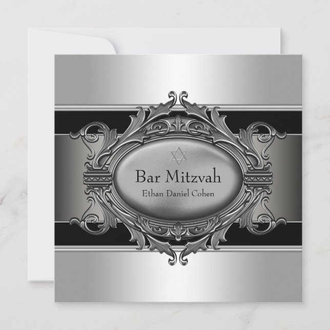 Black Silver Star of David Bar Mitzvah Invitation (Front)