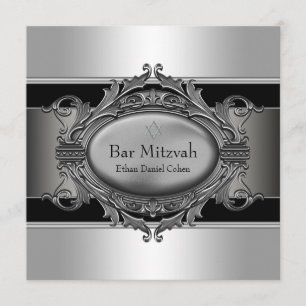 Black Silver Star of David Bar Mitzvah Invitation