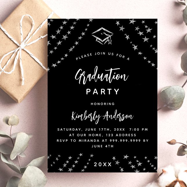 Black silver stars graduation party modern invitation (Creator Uploaded)
