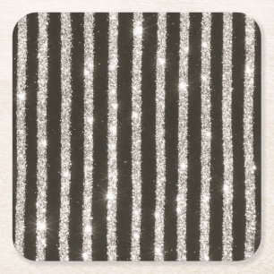Black Silver Stripes Glitzy Glitter Square Paper Coaster