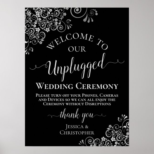 Black & Silver Stylish Unplugged Wedding Ceremony Poster (Front)