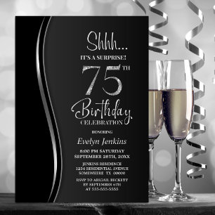 Black Silver Surprise 75th Birthday Invitation