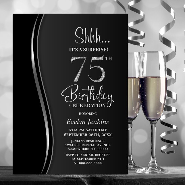 Black Silver Surprise 75th Birthday Invitation (Creator Uploaded)