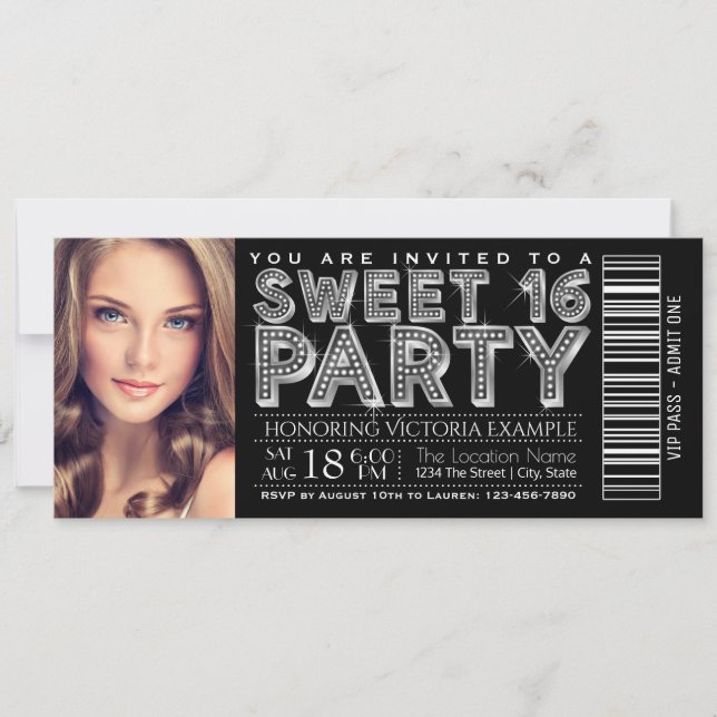 Black Silver Sweet 16 Ticket Invitation (Front)