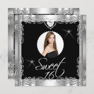 Black Silver Sweet Sixteen Sweet 16 Photo Invitation