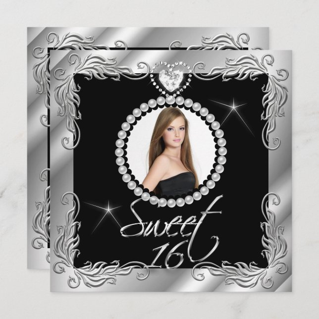 Black Silver Sweet Sixteen Sweet 16 Photo Invitation (Front/Back)