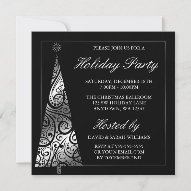 Black Silver Swirl Christmas Tree Holiday Party Invitation (Front)