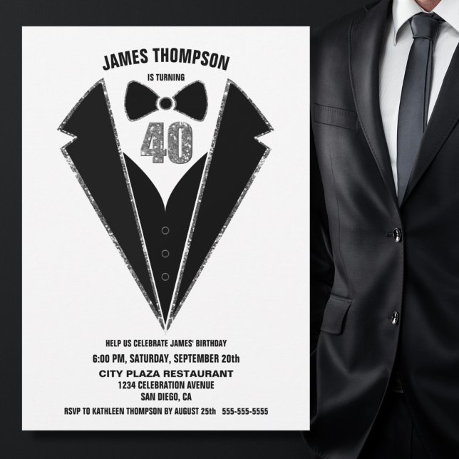 Black Silver Tuxedo 40th Birthday Party Invitation (Creator Uploaded)