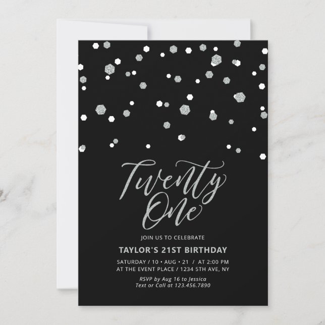 Black & Silver Twenty One 21st Birthday Party Invi Invitation (Front)