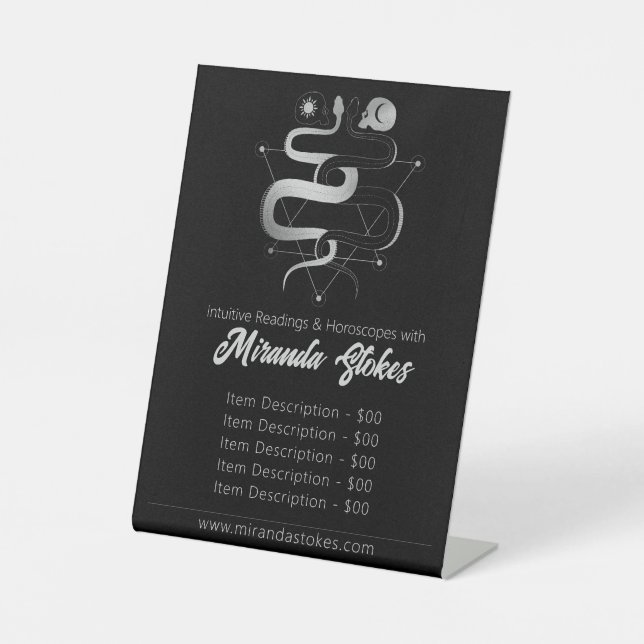 Black & Silver Twin Snakes Gothic Tarot Price List Pedestal Sign (Front)