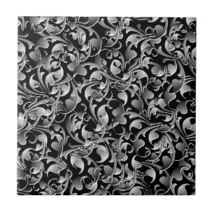 Black & Silver Twining Leaves Tile