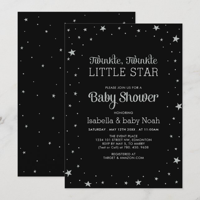 Black & Silver | Twinkle Little Star Baby Shower Invitation (Front/Back)
