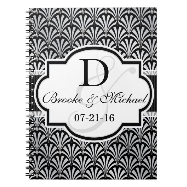 Black & Silver Vintage Art Deco Wedding Spiral Notebook (Front)