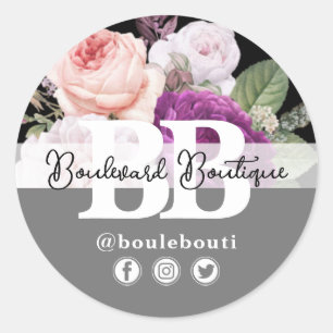 Black & Silver Vintage Roses Floral Boutique Shop Classic Round Sticker